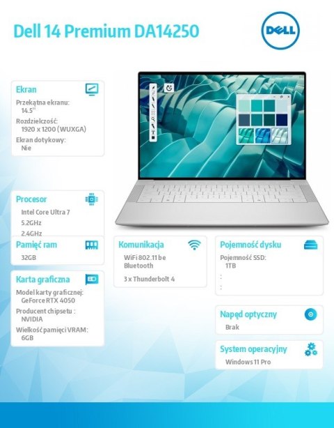 Laptop Dell 14 Premium DA14250 Win11Pro U7-255HX|32GB|1TB SSD|Nvidia RTX 4050 |WLAN + BT|14.5 FHD|Backlit Kb|6 Cell|100W