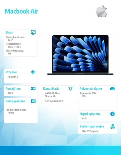 Macbook Air 15.3 M4/10C/10C /32GB/1TB/70W/US Północ
