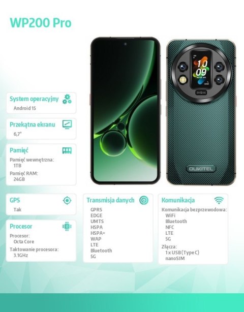 Smartfon WP200 Pro 5G 24GB/1TB IP69K Zielony