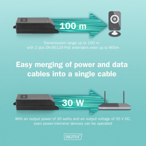 Zasilacz/Adapter PoE+ 802.3at aktywny max. 55V 30W 10/100/1000Mbps, transmisja do 100m