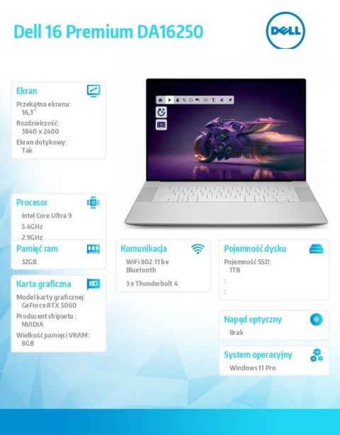 Laptop Dell 16 Premium DA16250 Win11Pro|U9-285H|32GB|1TB SSD|NVIDIA GeForce RTX 5060, 8GB GDDR7 |WLAN + BT|16.3 OLED Touch|Backl