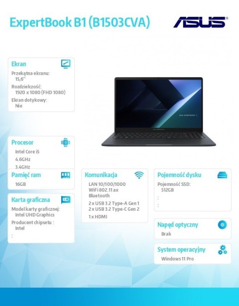 Notebook ExpertBook B1 B1503CVA-S72164X - i5-1334U/16GB/512GB/15.6 FHD/Win 11 PRO/3YRS