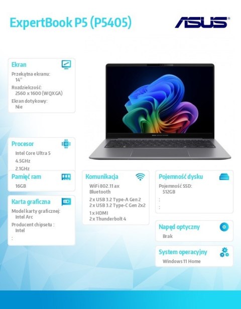Notebook ExpertBook P5 P5405CSA-NZ0416W Ultra 5 226V/16GB/512GB/14 WQXGA/Win 11Home/3YRS