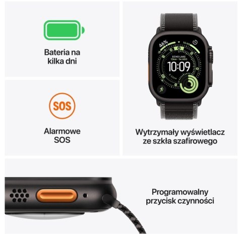 Watch Ultra 3 GPS + Cellular koperta 49 mm z tytanu w kolorze czarnym, opaska Trail w kolorze czarnym/węgla drzewnego - rozmiar 