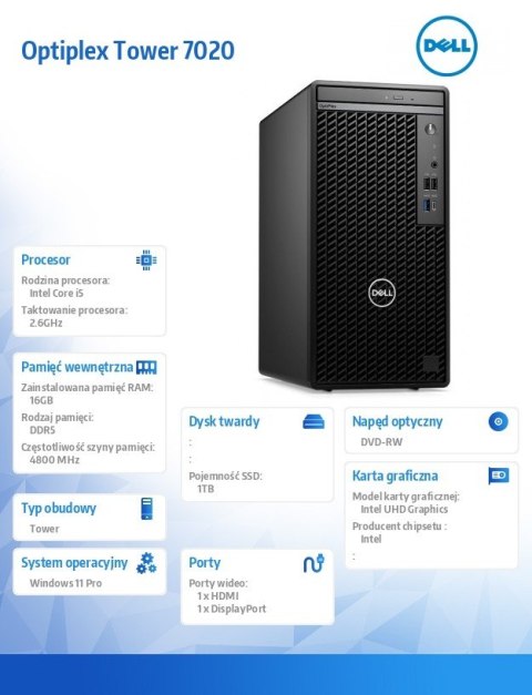 Komputer OptiPlex Tower 7020 W11Pro i5-14500 vPro/16GB/1TB/Int/DVD RW/Wireless Kb & Mouse/300W/3YPS