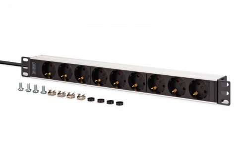 Listwa zasilająca PDU Rack 19", 9 gniazd Schuko CEE 7/3 (45°), kabel 2m wtyk IEC C20, 16A, aluminiowa