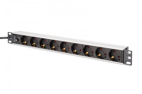 Listwa zasilająca PDU Rack 19" z bezpiecznikiem przeciążeniowym, 9 gniazd Schuko CEE 7/3 (45°), kabel 2m wtyk IEC C14, 10A, alum