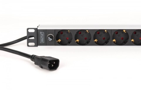 Listwa zasilająca PDU Rack 19" z bezpiecznikiem przeciążeniowym, 9 gniazd Schuko CEE 7/3 (45°), kabel 2m wtyk IEC C14, 10A, alum