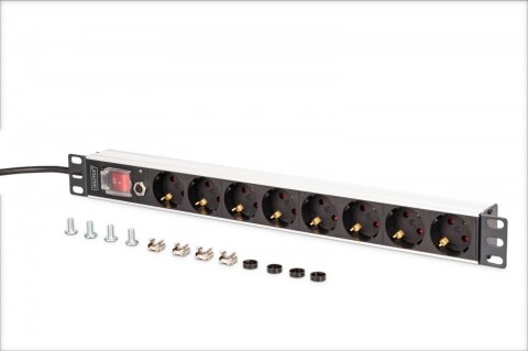 Listwa zasilająca PDU Rack 19" z zabezpieczeniem przeciążeniowym, 8 gniazd Schuko CEE 7/3 (45°), kabel 2m wtyk Unischuko, 16A, a