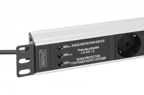 Listwa zasilająca PDU Rack 19" z zabezpieczeniem przeciwprzepięciowym + filtr EMI/RFI, 7 gniazd Schuko CEE 7/3, kabel 2m, wtyk U