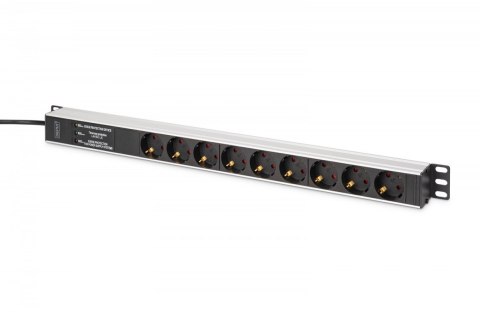 Listwa zasilająca PDU Rack (620mm) z zabezpieczeniem przeciwprzepięciowym + filtr EMI/RFI, 9 gniazd Schuko CEE 7/3 (45°), kabel 