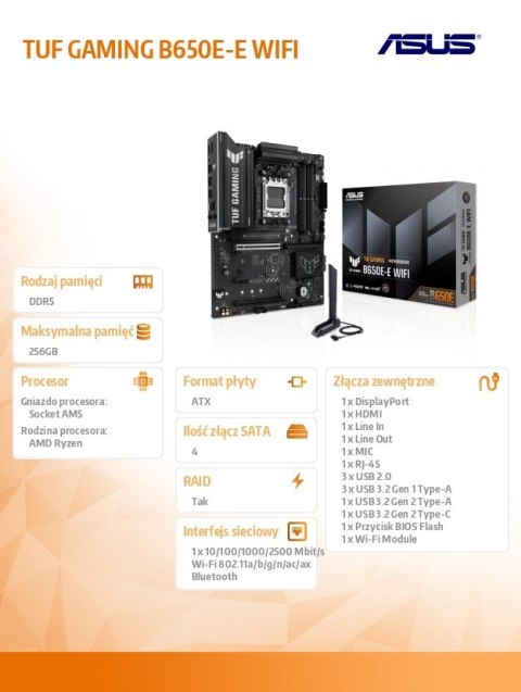 Płyta główna TUF GAMING B650E-E WIFI AM5 4DDR5 HDMI/DP ATX