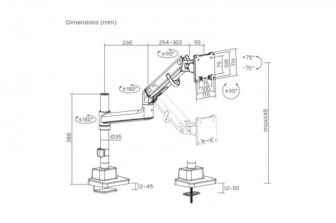 Ramię biurkowe pojedyncze z zaciskiem i sprężyną gazową 1x LCD max. 57" 27kg, VESA: 75x75, 100x100, białe
