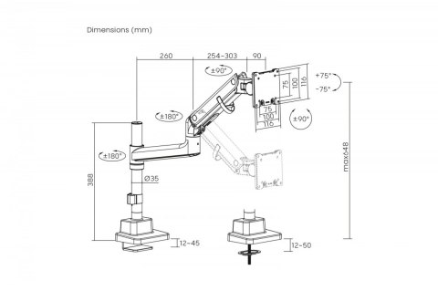 Ramię biurkowe pojedyncze z zaciskiem i sprężyną gazową 1x LCD max. 57" 27kg, VESA: 75x75, 100x100, czarne