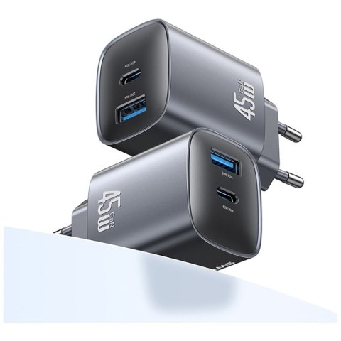 Ładowarka sieciowa T66 45W CC290 GaN Fast charge 1xUSB-A 1xUSB-C srebrny