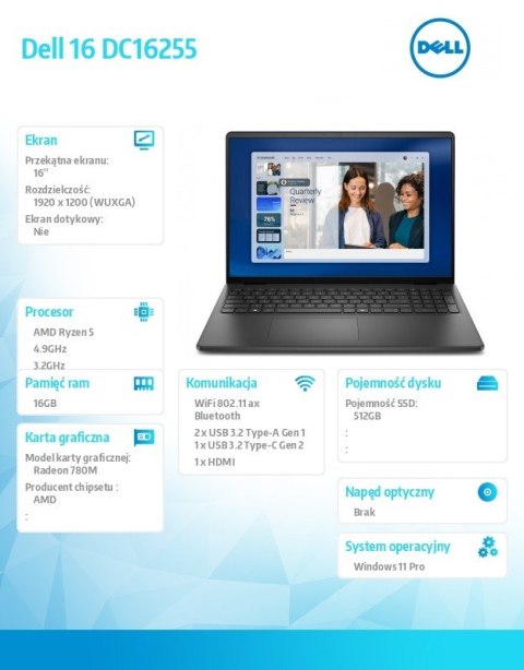 Laptop Dell 16 DC16255 W11P Ryzen 5 220|16GB|512GB|AMD Radeon|FgrPr|WLAN+BT|16.0 FHD+|Backlit Kb|3C|65W|3YPS Carbon Black (Plast
