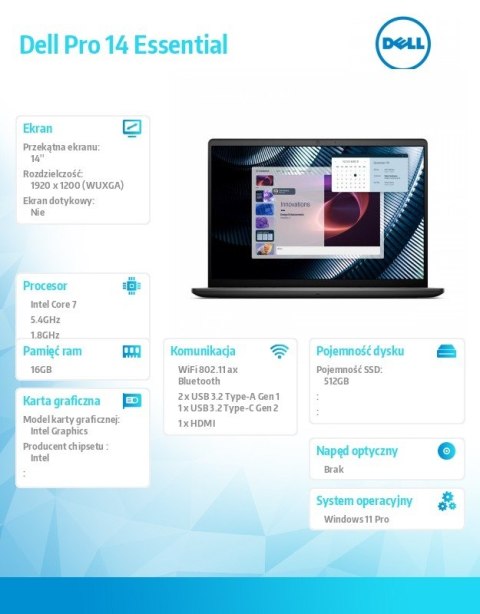 Laptop Dell Pro 14 Essential PV14250 W11P C7-150U|16GB|512GB|Intel Graph|FgrPr|WLAN+BT|14.0 FHD+|BcklKb|4C|65W|3YPS Carbon Black
