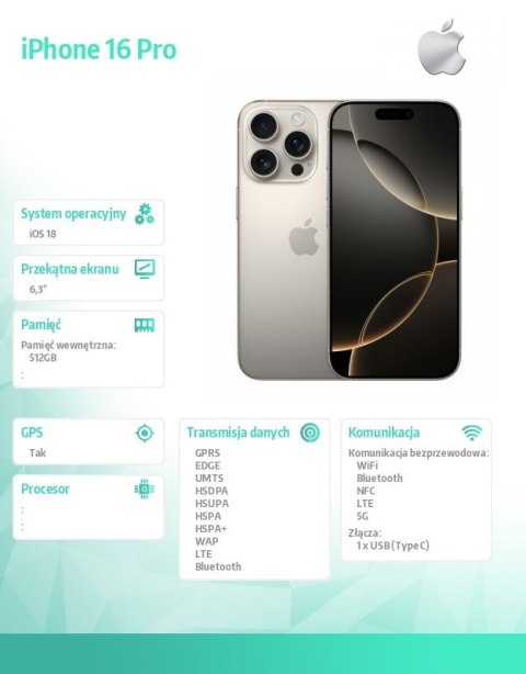 IPhone 16 Pro 512GB - Tytan naturalny