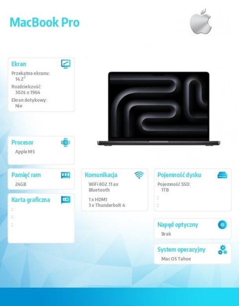 MacBook Pro 14.2 cala: M5 10C/10C, 24GB, 1TB SSD - Gwiezdna czerń