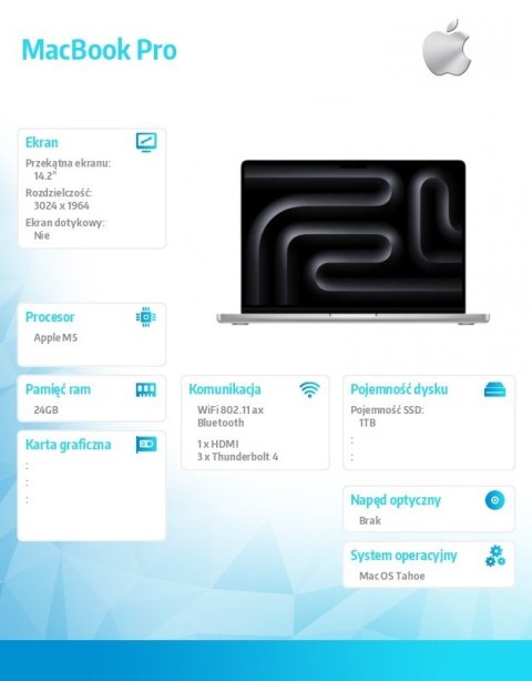 MacBook Pro 14.2 cala: M5 10C/10C, 24GB, 1TB SSD - Srebrny