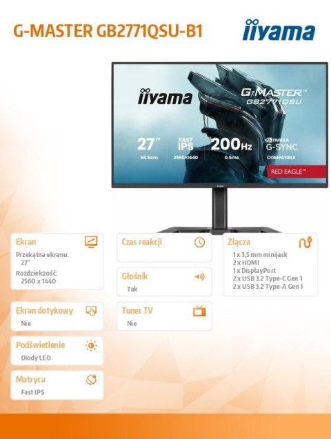 Monitor 27 cali GB2771QSU-B1 QHD,Fast IPS,200Hz,HAS (150) PIVOT,2xUSB 3.2,2xUSB C,0,5ms,2xHDMI,DP,350cd,Adaptive G-SYNC 1920x108