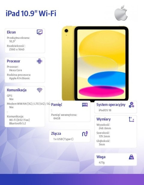 IPad 10.9 cala Wi-Fi 64GB Żółty