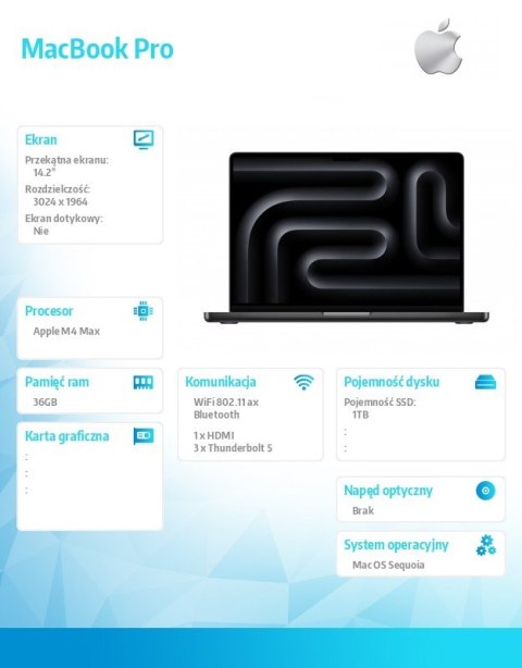 MacBook Pro 14.2 cali: M4 Max 14/32, 36GB, 1TB SSD - Gwiezdna czerń
