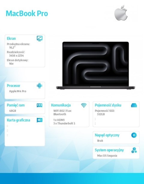 MacBook Pro 16.2 cali: M4 Pro 14/20, 48GB, 512GB SSD, 140W - Gwiezdna czerń
