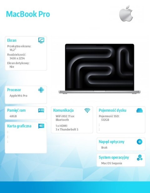 MacBook Pro 16.2 cali: M4 Pro 14/20, 48GB, 512GB SSD - Srebrny