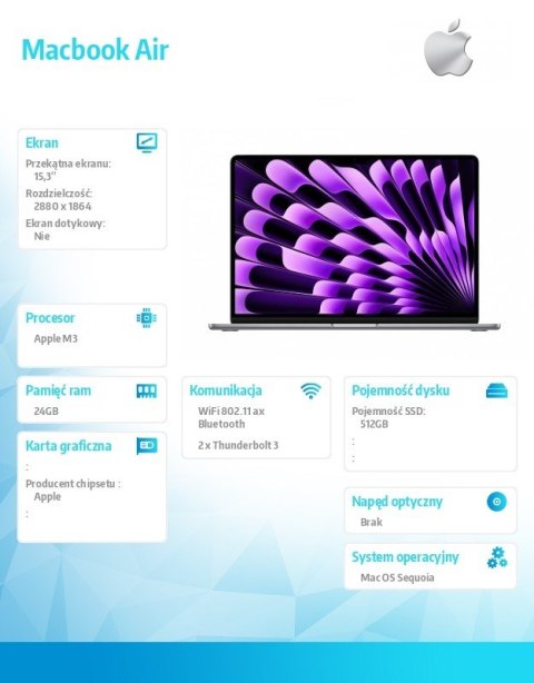Macbook Air 15.3: M3 8/10, 24GB, 512GB - Gwiezdna szarość MC9H4ZE/A