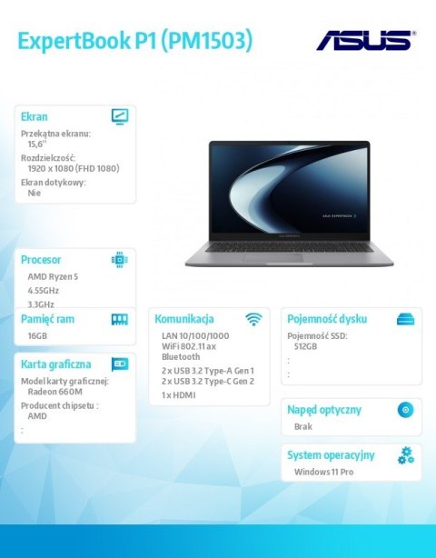 Notebook ExpertBook P1 PM1503CDA-S70019X R5 7535HS 16GB/512GB/Win11Pro/3Y