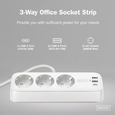Listwa zasilająca biurkowa, 3 gniazda Schuko, 2x USB-A (2x 12W), 1x USB-C (30W) z zaciskiem na blat, kabel 1,5m, biała