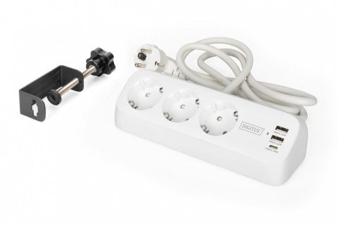 Listwa zasilająca biurkowa, 3 gniazda Schuko, 2x USB-A (2x 12W), 1x USB-C (30W) z zaciskiem na blat, kabel 1,5m, biała