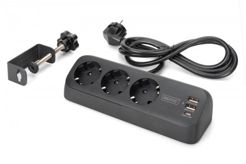 Listwa zasilająca biurkowa, 3 gniazda Schuko, 2x USB-A (2x 12W), 1x USB-C (30W) z zaciskiem na blat, kabel 1,5m, czarna