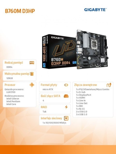 Płyta główna B760M D3HP DDR4 s1700 4DDR4 DSUB/HDMI/DP mATX