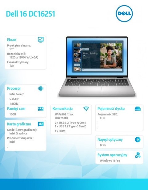Laptop Dell 16 DC16251 W11P C7-150U|16GB|1TB|Intel Graphics|FgrPr.|WLAN + BT|16.0 16.10 2K Touch|BcklKb|4C|65W|3YPS Platinum Sil