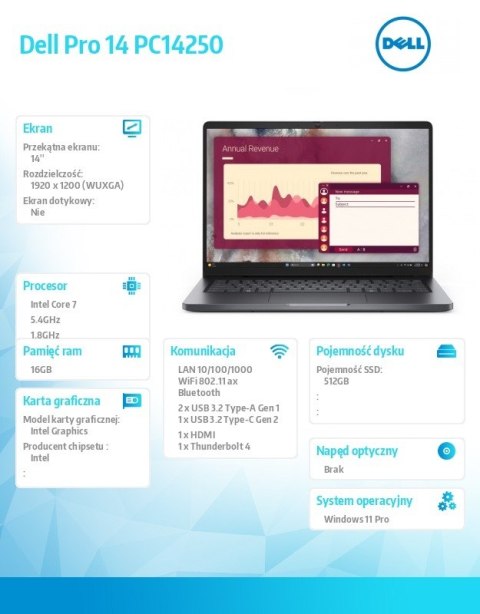 Laptop Dell Pro 14 PC14250 W11P C7 150U/16GB/512GB/FgrPr/FHD IR Cam&Mic/WLAN+BT|14.0 FHD+|BcklKb/3C/65W/3YPS Magnetite color, te