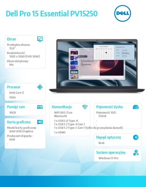 Laptop Dell Pro 15 Essential PV15250 W11P i7-1355U|16GB|512GB|Intel UHD|FgrPr|WLAN+BT|15.6 FHD|BcklKb|4C|65W|3YPS Carbon Black (