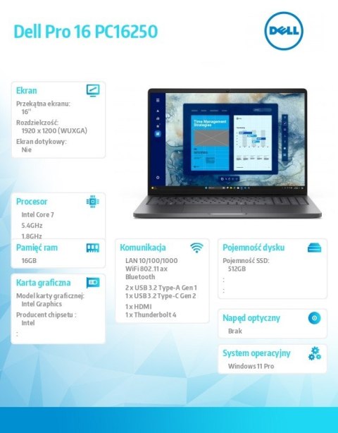 Laptop Dell Pro 16 PC16250 W11P C7 150U/16GB/512GB/FgrPr/FHD IR Cam&Mic/WLAN+BT/16.0 FHD+/BcklKb/3C/YPS3 Magnetite color, textur