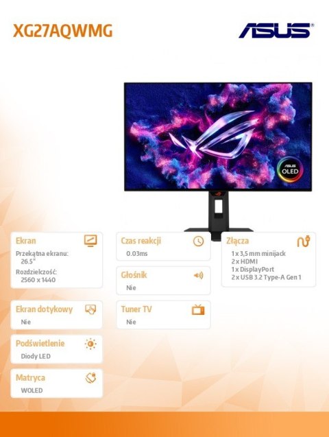 Monitor 26.5 cala XG27AQWMG OLED DP 2HDMI 0.03MS USB HUB