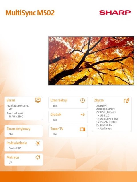 Monitor wielkoformatowy MultiSync M502 50 cali 550cd/m2 24/7