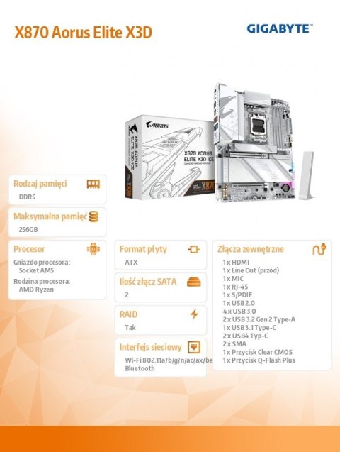 Płyta główna X870 AORUS ELITE X3D ICE AM5 4DDR5 HDMI ATX