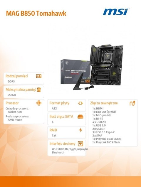 Płyta główna MAG B850 TOMAHAWK WIFI AM5 4DDR5 ATX