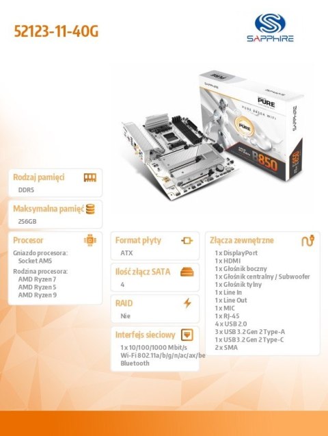 Płyta główna PURE B850A WIFI7 AM5 4DDR5 mATX