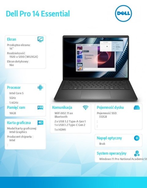 Laptop Dell Pro 14 Essential PV14250 W11P EDU C5 120U/16GB/512GB/Intel Graph/FgrPr/WLAN+BT/14.0/BcklKb/4C/65W/5YRS Carbon Black 