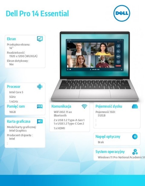 Laptop Dell Pro 14 Essential PV14250 W11P EDU C5 120U/16GB/512GB/Intel Graph/FgrPr/WLAN+BT/14.0/BcklKb/4C/65W/5YRS Plat Silver (