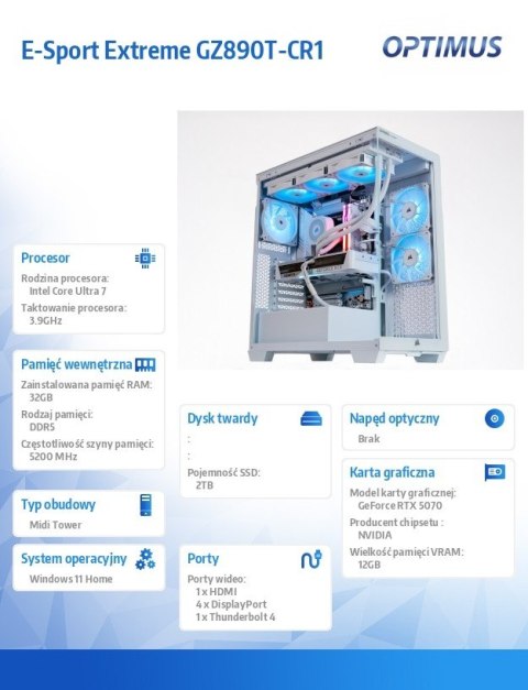 Komputer E-Sport Extreme GZ890T-CR1 Core Ultra 7K/32GB/2TB/RTX 5070 OC/Biały