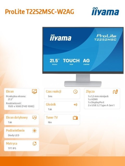 Monitor 22 cale T2252MSC-W2AG 10 PKT. POJ,IPS,HDMI,DP,2x1W,7H,2xUSB, AG-(Anti Glare)