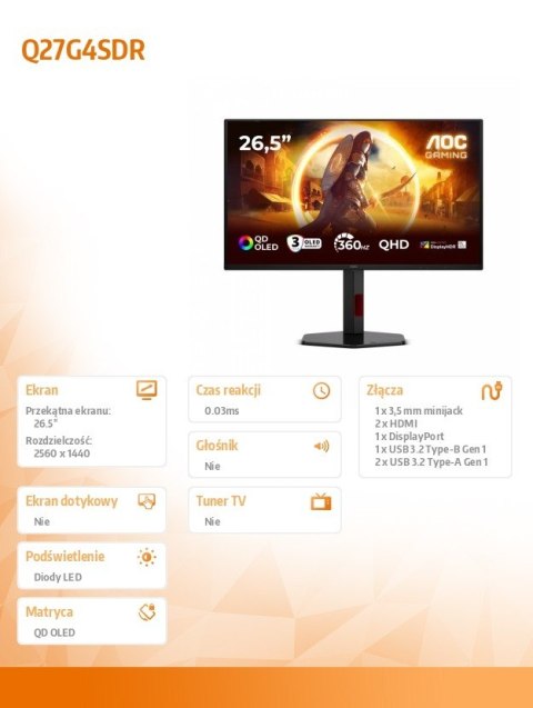 Monitor 26.5 cala Q27G4SDR QD-OLED 360Hz HDMIx2 DP Pivot