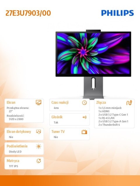 Monitor 27E3U7903 27 cali IPS 5K Thunderbolt 4 RJ45 Pivot Głośniki